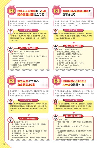 (60)計算ミスの傾向から1週間の復習計画を立てる/(61)漢字の読み・書き・用例を定着させる/(62)家で安全にできる自由研究20案/(63)短期目標とごほうびルールを設計する