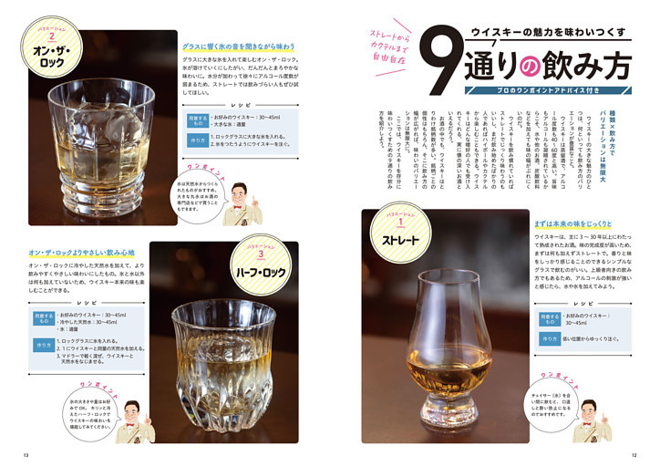 ウイスキーの魅力を味わいつくす　９通りの飲み方　ストレート／オン・ザ・ロック／ハーフ・ロック／ミストスタイル／トワイスアップ／水割り／ハイボール／お湯割り／カクテル