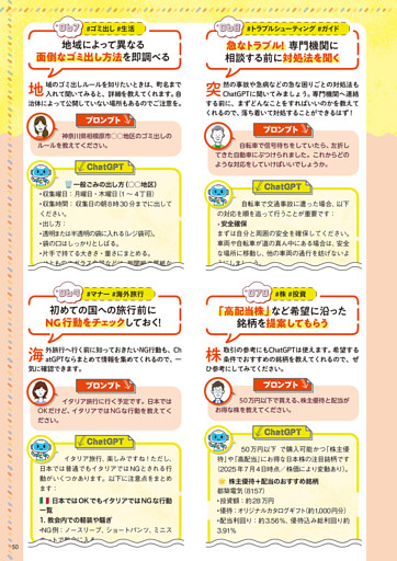 067 地域によって異なる面倒なゴミ出し方法を即調べる／068 急なトラブル！ 専門機関に相談する前に対処法を聞く／069 初めての国への旅行前にNG行動をチェックしておく！／070 「高配当株」など希望に沿った銘柄を提案してもらう