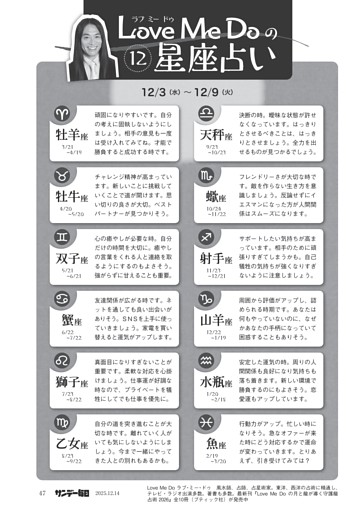 〔ＬｏｖｅＭｅＤｏの１２星座占い〕１２／３（水）～１２／９（火）