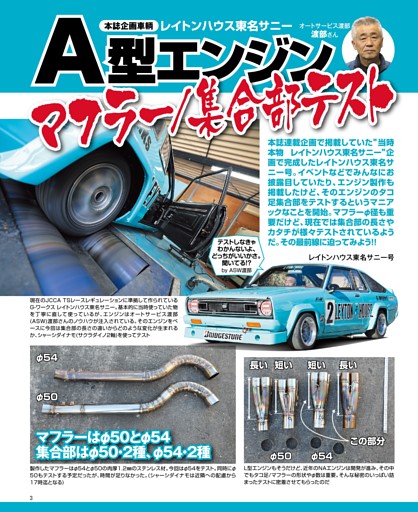 A型エンジン マフラー／集合部テスト レイトンハウス東名サニー号でシャーシテスト