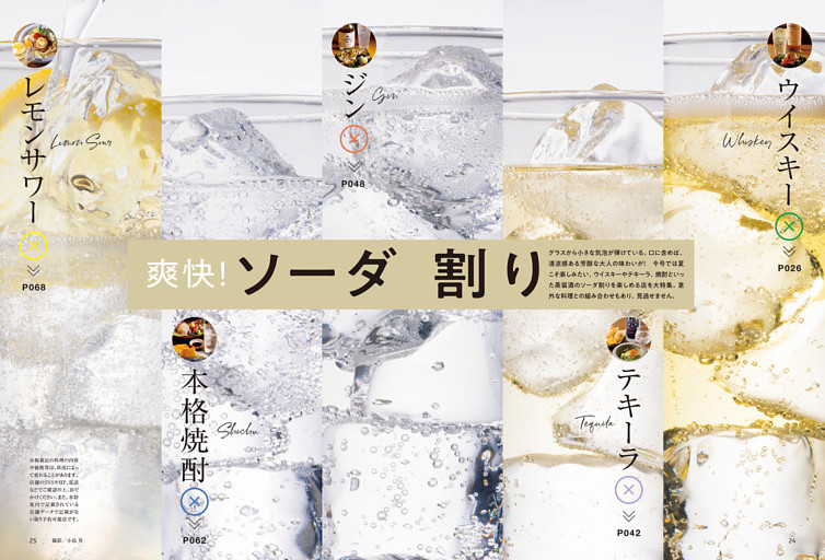 特集１　爽快！華やかな香り広がる、最高の食中酒　爽快！ソーダ割り　ウイスキー、ジン、テキーラ、焼酎……