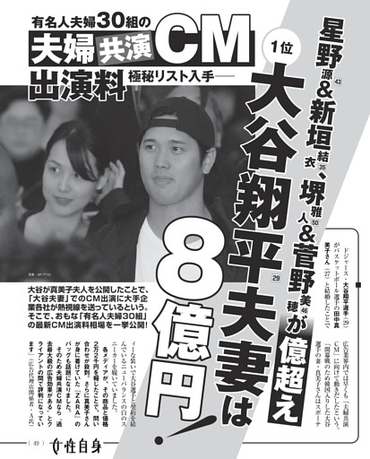 夫婦共演CM出演料極秘リスト入手……１位 大谷翔平夫妻は８億円！
