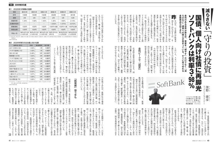〔特集〕日米株８０選　減らさない「守りの投資」　国債、個人向け社債に再脚光　ソフトバンクは利率３・９８％＝深野康彦
