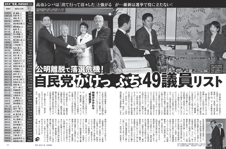 公明離脱で落選危機！ 自民党“がけっぷち” 49議員リスト