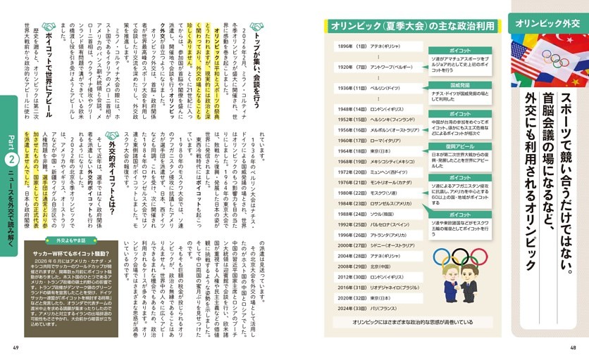 オリンピック外交 ：スポーツで競い合うだけではない。 首脳会議の場になるなど、外交にも利用されるオリンピック