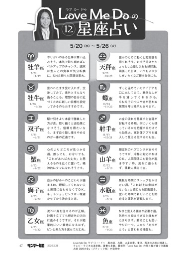 〔ＬｏｖｅＭｅＤｏの１２星座占い〕５／２０（水）～５／２６（火）