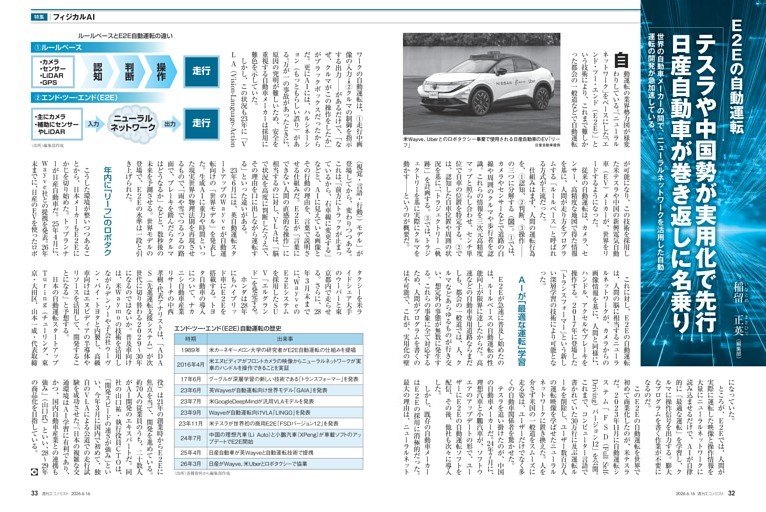 〔特集〕フィジカルＡＩ　Ｅ２Ｅの自動運転　テスラや中国勢が実用化で先行　日産自動車が巻き返しに名乗り＝稲留正英