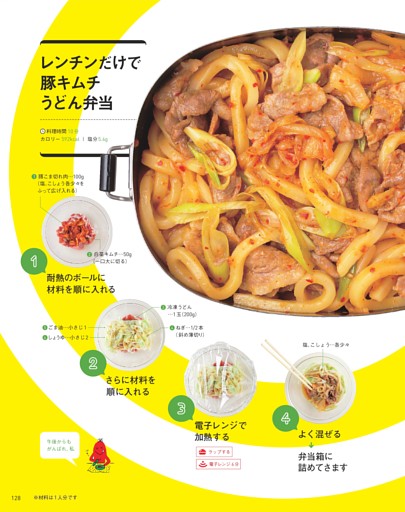 レンチンだけで豚キムチうどん弁当