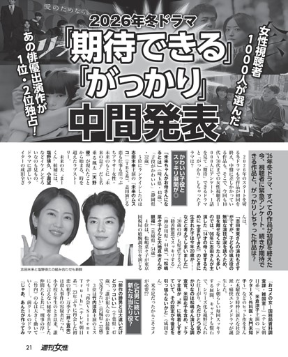 〈女性1000人アンケート〉2026年冬ドラマ「期待できる」「がっかり」中間発表