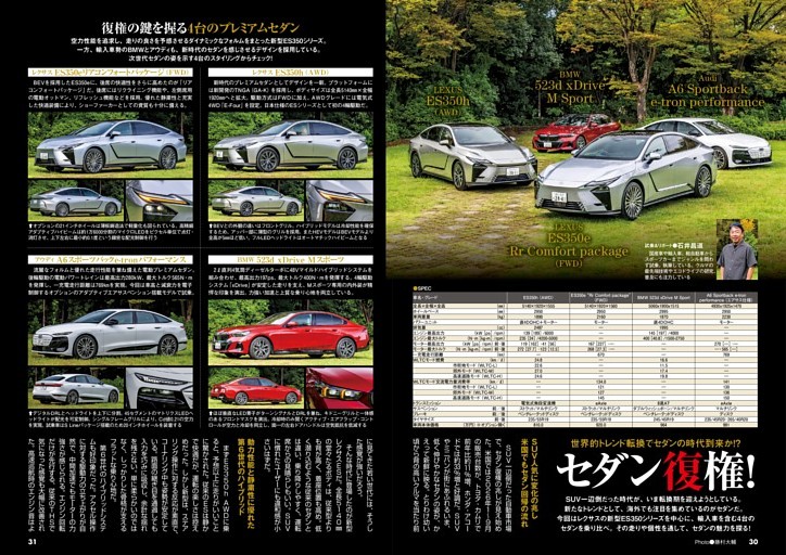 日欧セダン比較　レクサスES／BMW523d／アウディA6e-tron