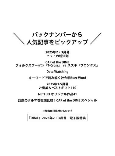 ＜電子版特典＞ バックナンバーから人気記事をピックアップ ヒットの新法則／CAR of the DIME フォルクスワーゲン『T-Cross』 vs スズキ『フロンクス』／Data Watching／キーワードで読み解く社会学Buzz Word／ご褒美＆ベストギフト110／NETFLIX オリジナル作品41／話題のクルマを徹底比較！CAR of the DIME スペシャル